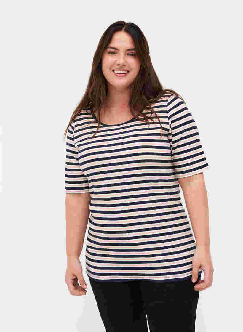 Stripete T-skjorte i bomull med ribbet struktur, Blue Rose Stripe, Model