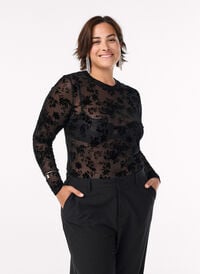 Bluse i mesh med blomstertrykk, Svart Bluse i mesh med blomstertrykk, Svart, Model