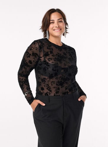 Zizzi Bluse i mesh med blomstertrykk, Svart, Model image number 0