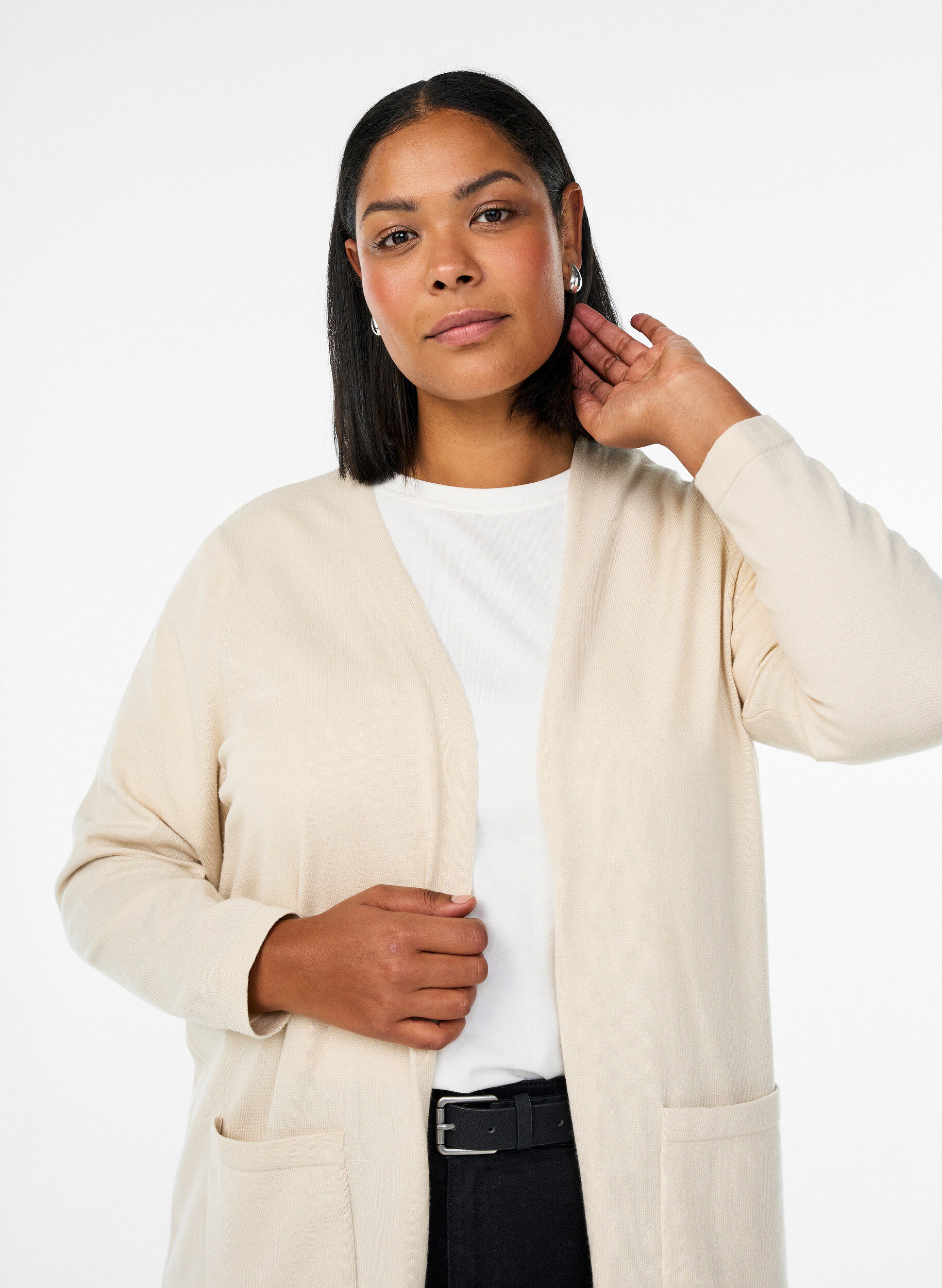Zizzi Lang, &aring;pen cardigan med lommer, Beige, Model image number 2