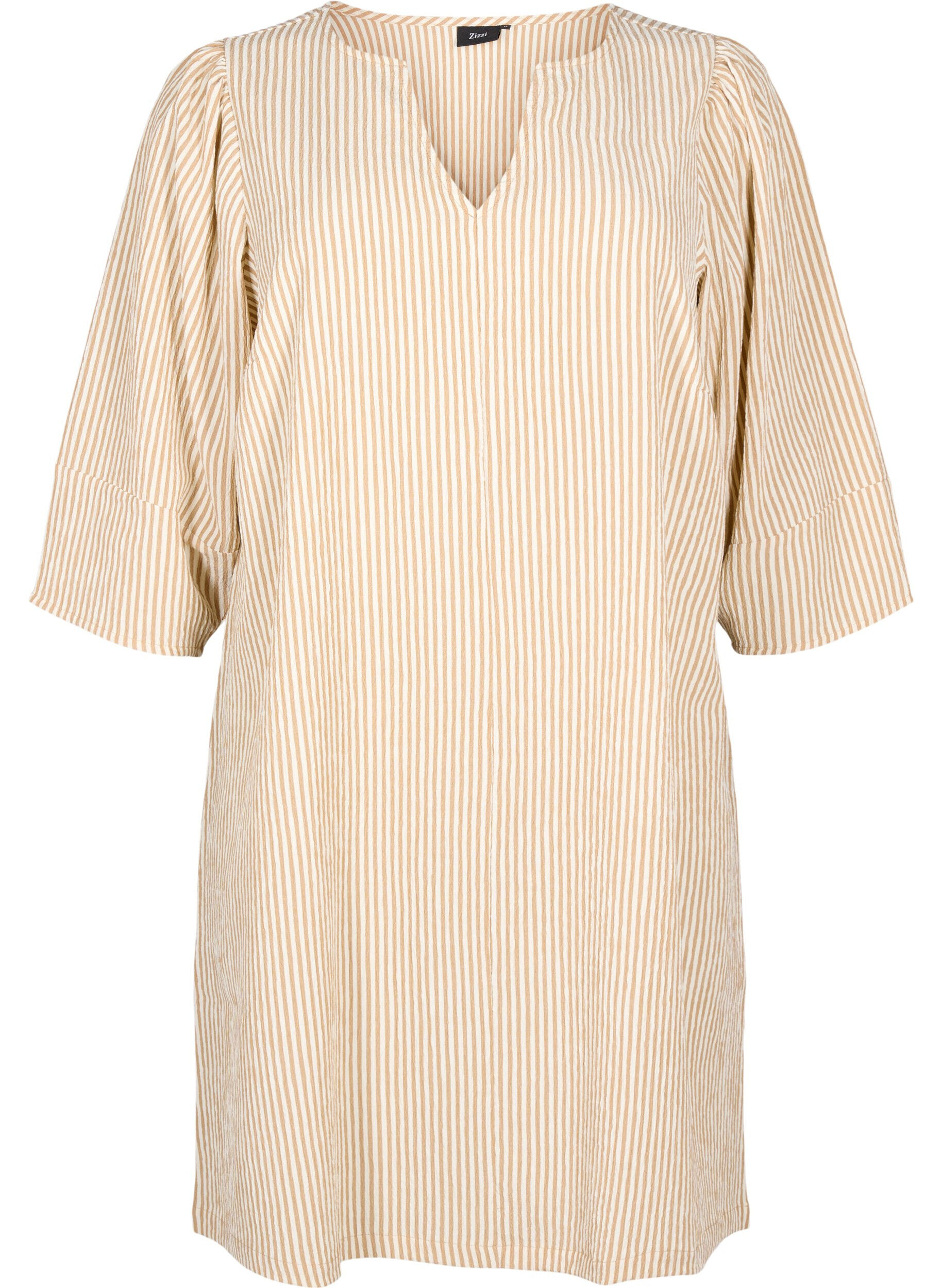 Zizzi Stripete kjole med trekvartlange ermer, Camel Stripe, Packshot image number 0