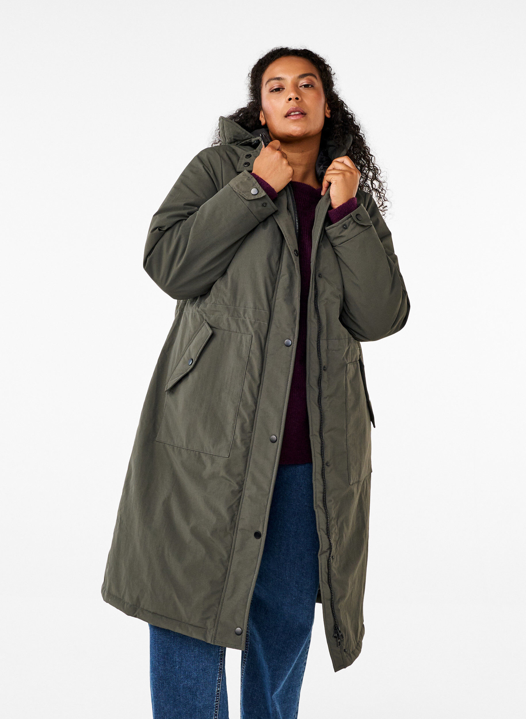 Zizzi Parkas med hette og justerbar midje, Black Olive, Model image number 0