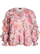 Bluse med blomstertrykk, V-hals og rysjede ermer, Rosa, Packshot image number 0