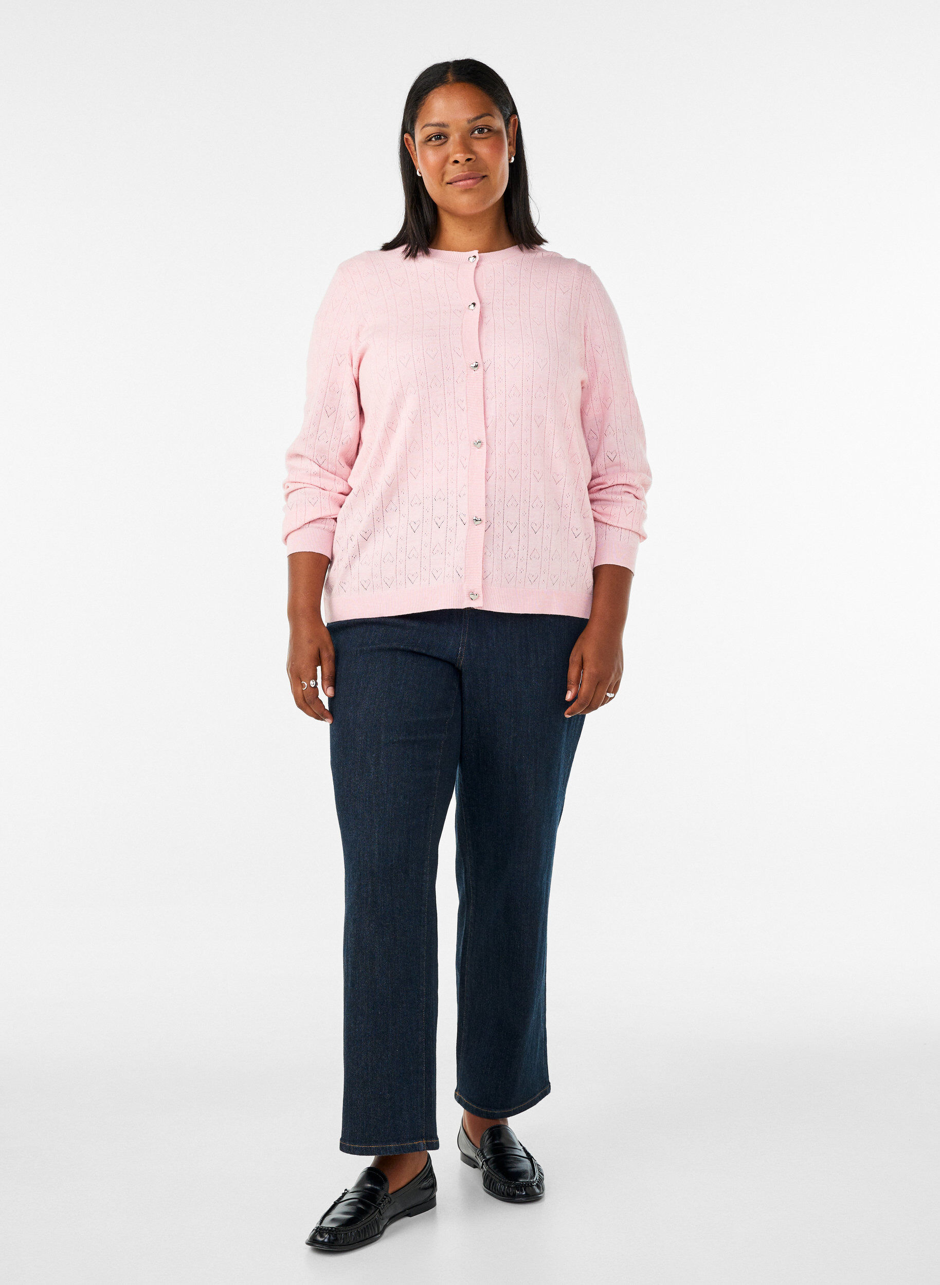 ZizziStrikket cardigan med hjerte hullbroderi, Rosa, Model image number 1