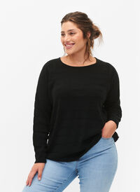 Strikket bluse med tone-i-tone striper, Black, Model