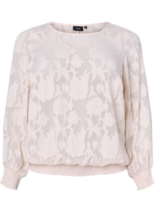 Jacquardbluse med smocking, Warm Off-white, Packshot image number 0