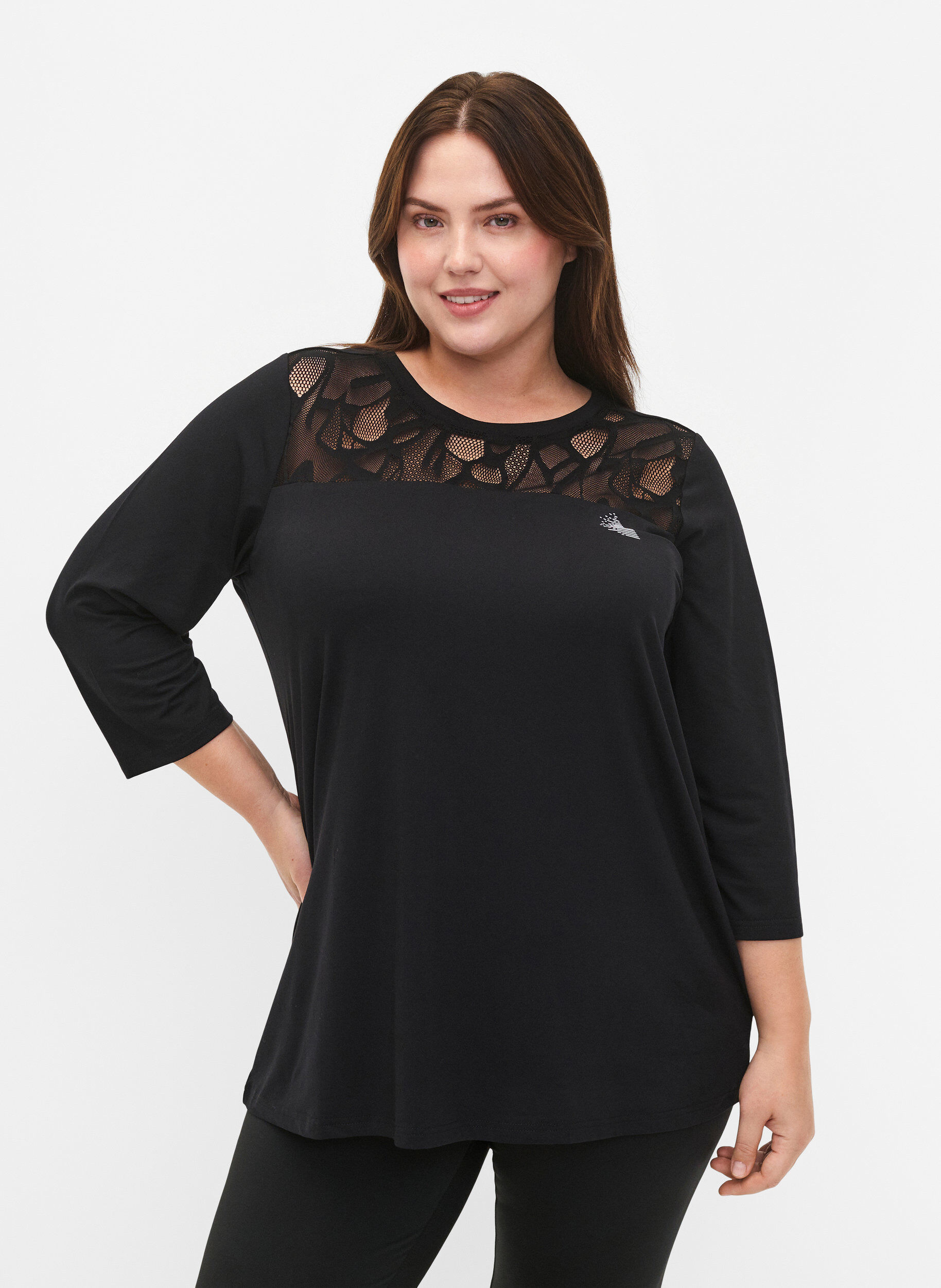 Zizzi Trenings t-skjorte med 3/4-ermer og m&oslash;nstret mesh, Black, Model image number 0