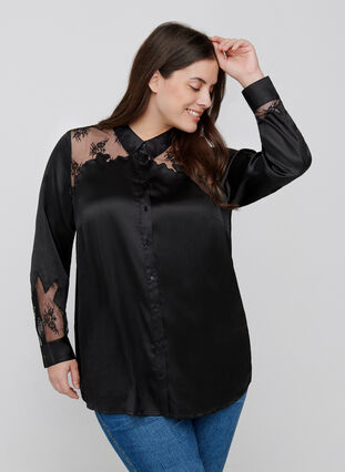 Skjorte med mesh og blonder, Black, Model image number 0