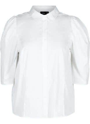 Bomullsskjorte med 3/4-puffermer, Bright White, Packshot image number 0