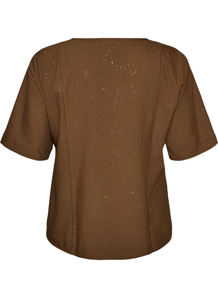 Bluse med glitter og V-hals, Brun, Packshot image number 1