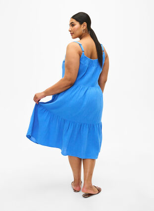 Ensfarget kjole i bomull med stropper, Marina, Model image number 1