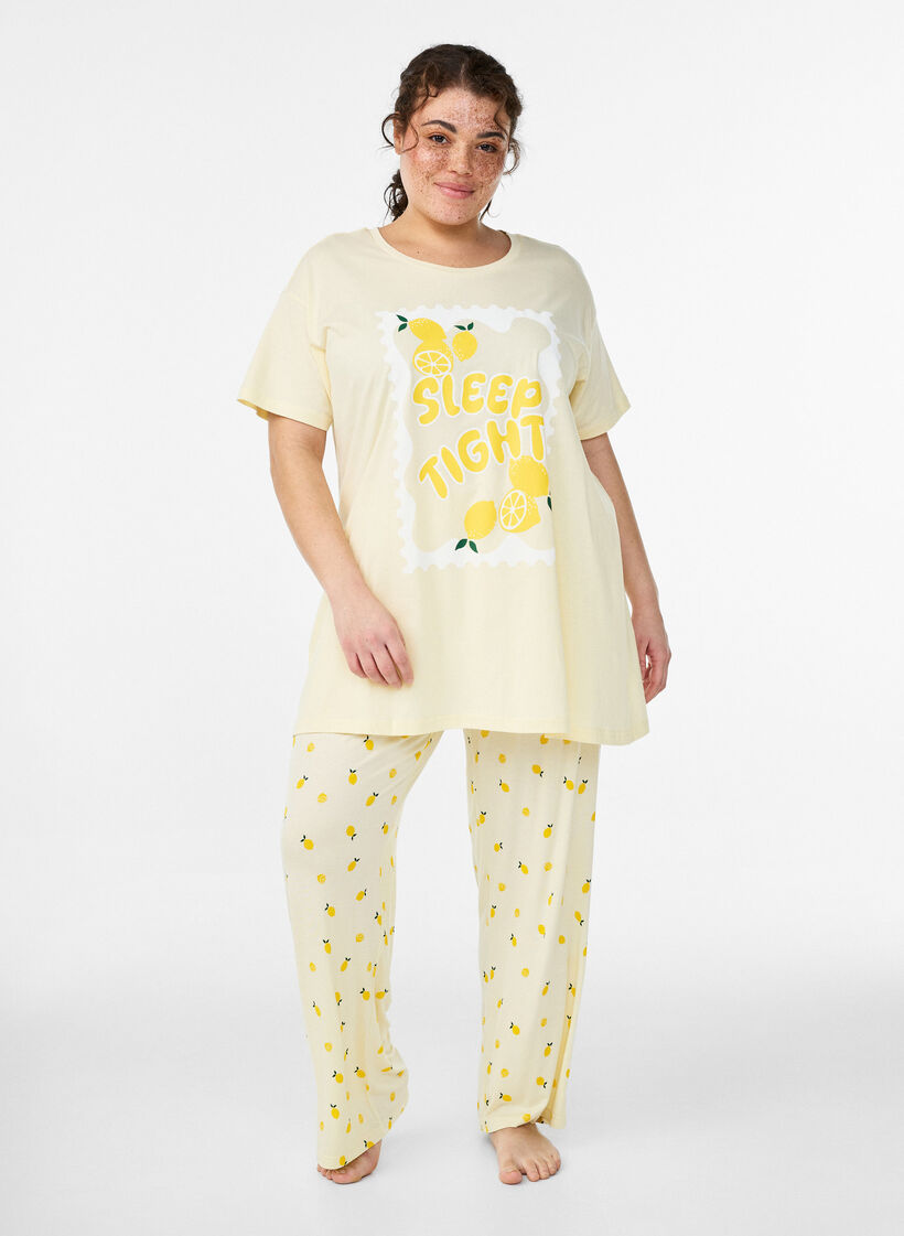 Pyjamasbukse i mykt jerseystoff med h&oslash;y midje og frukttrykk, Gul, Model image number 0