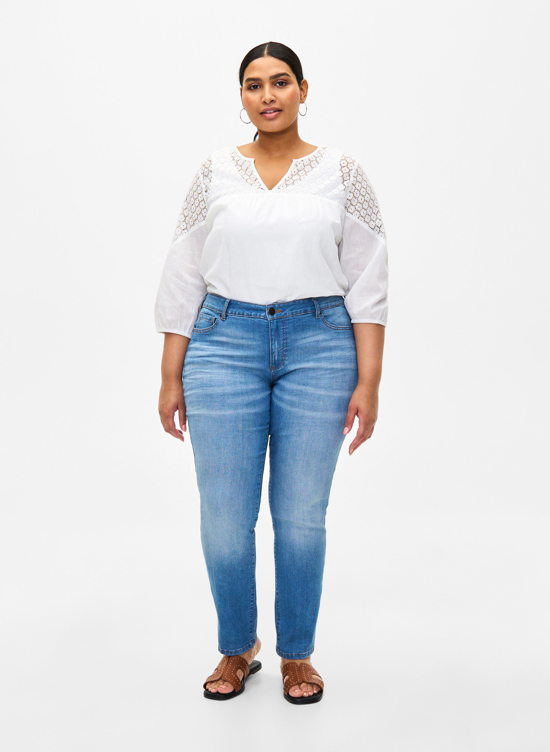 Zizzi Bluse i bomullsblanding med lin og heklede detaljer, Bright White, Model image number 2