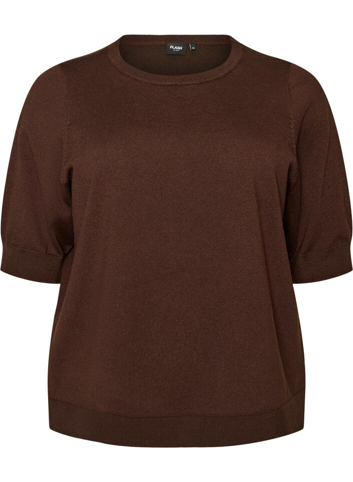 Finstrikket bluse med korte ermer, Brun, Packshot image number 0