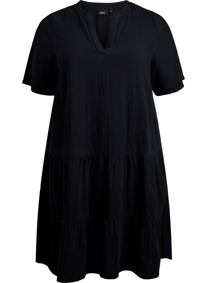 Kort A-linjekjole i bomullsmuslin, Svart, Packshot image number 0