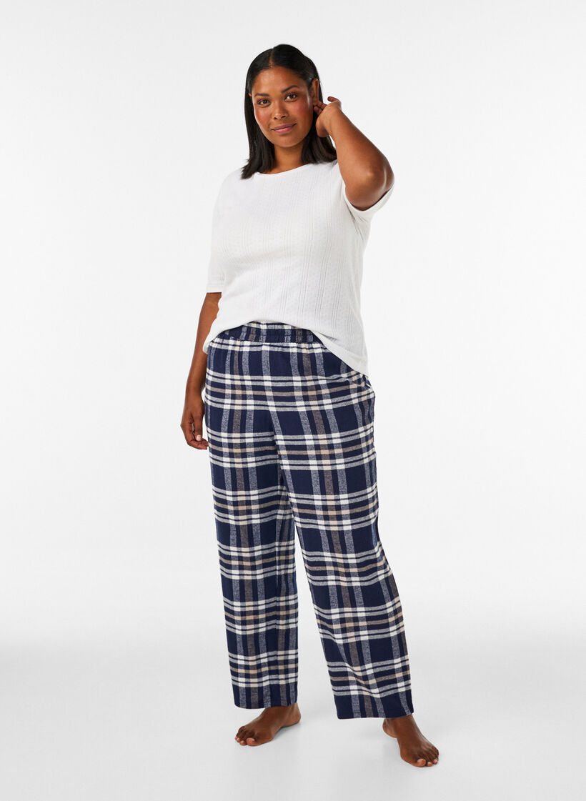 Rutete bomulls pyjamasbukser, Bl&aring;, Model image number 1