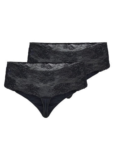 G-streng med bred blondekant, 2 stk., Black, Packshot image number 1