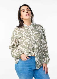 Trykt skjortebluse med rysjedetaljer, Grønn Trykt skjortebluse med rysjedetaljer, Grønn, Model