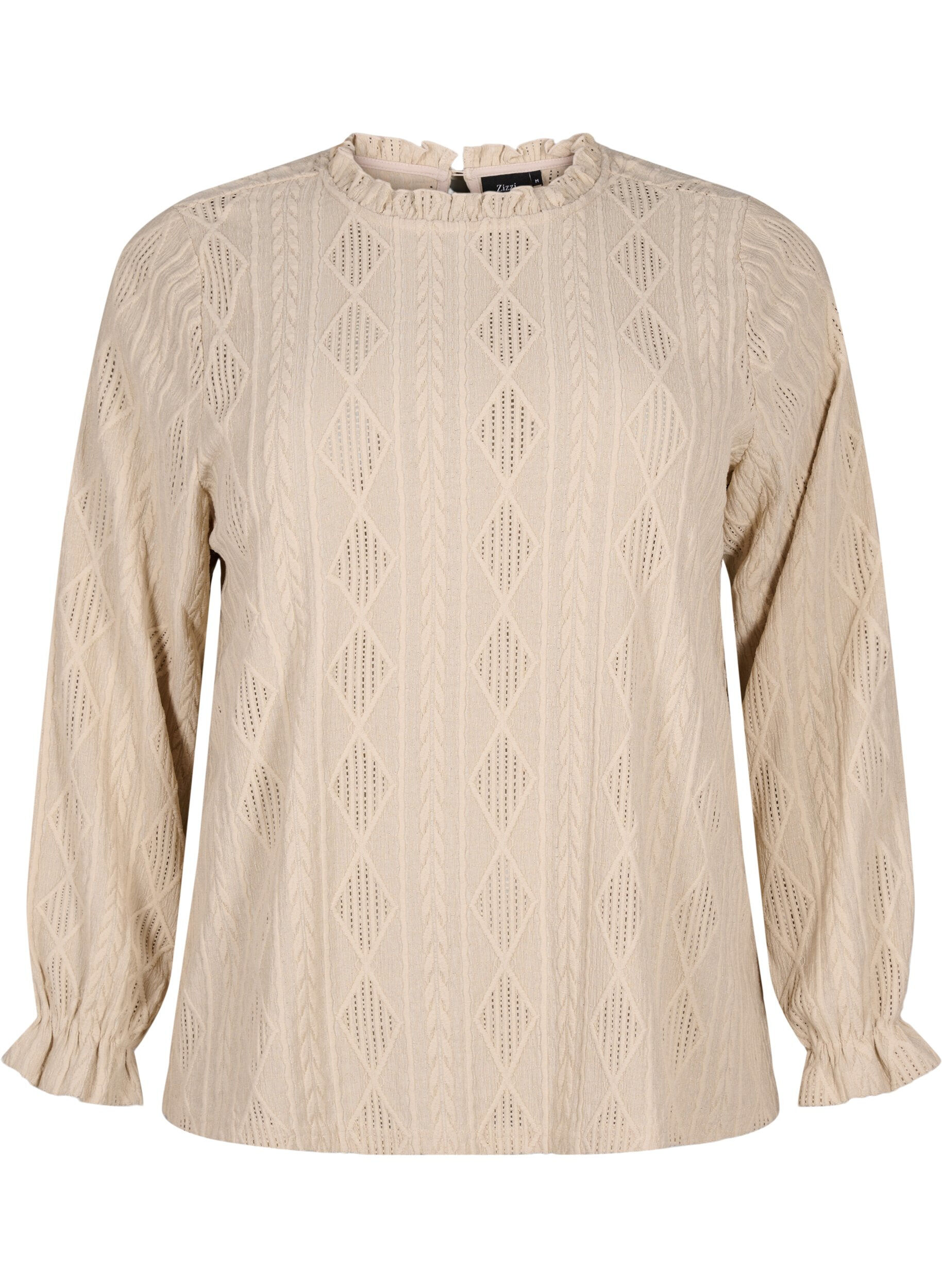 ZizziBluse med volanger og tone-i-tone-m&oslash;nster, Sand, Packshot image number 0