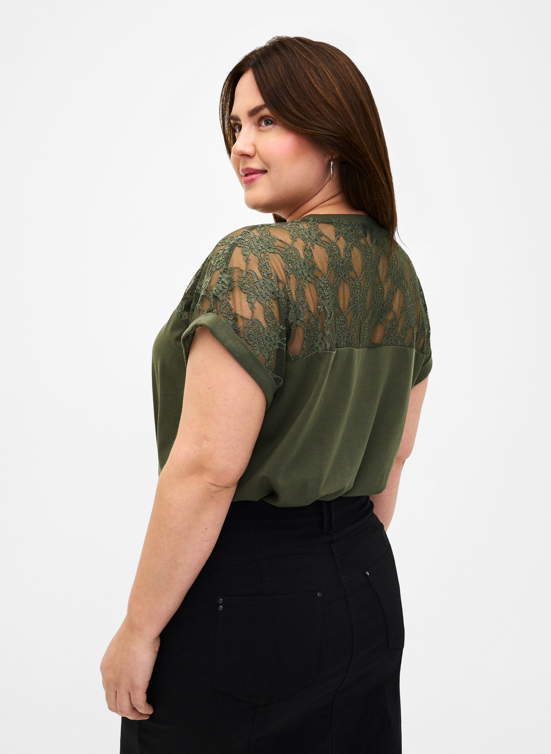 Zizzi Kortermet t-skjorte i bomull med blonder, Thyme, Model image number 1