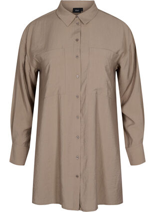 Lang viskoseskjorte med lommer og splitt, Brindle, Packshot image number 0