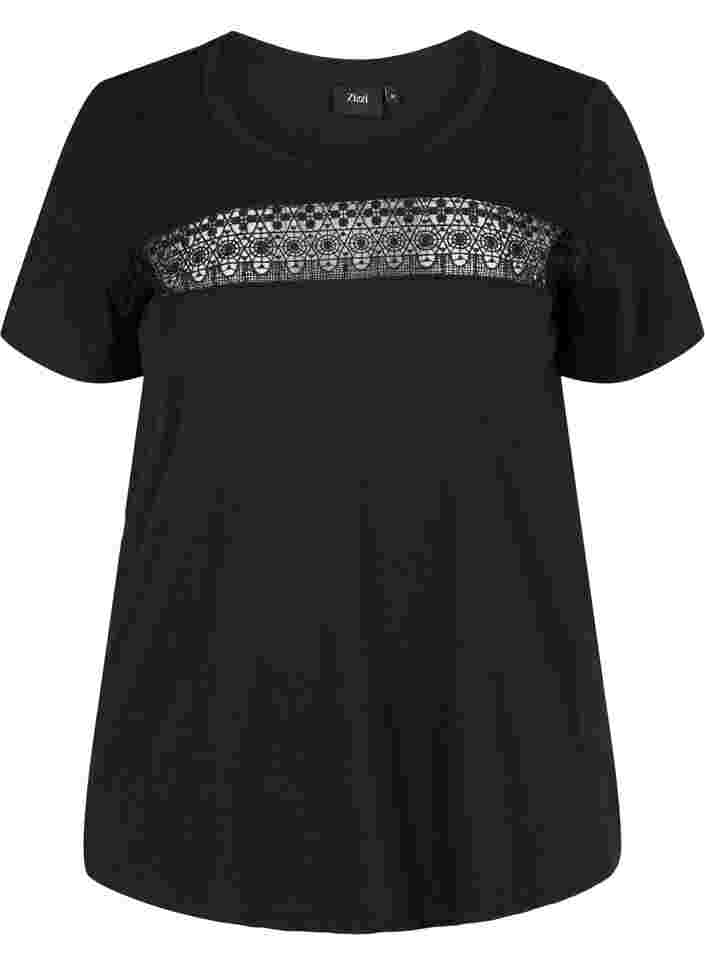 T-skjorte i bomull med blonder, Black, Packshot image number 0