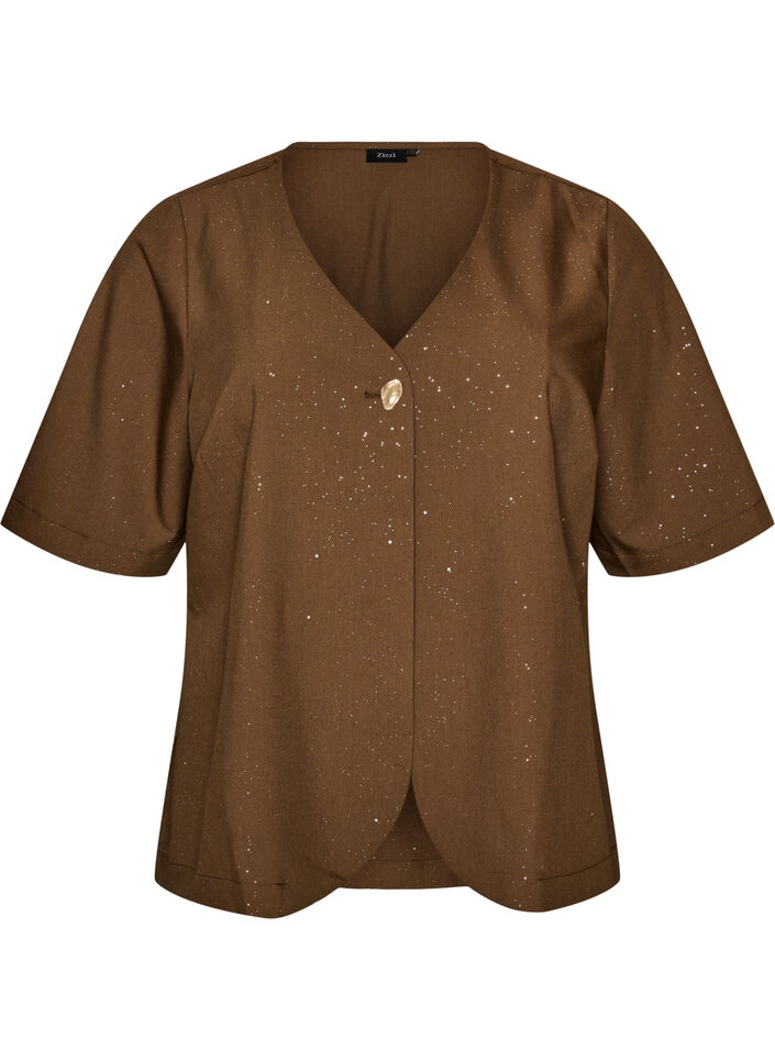Bluse med glitter og V-hals, Brun, Packshot image number 0