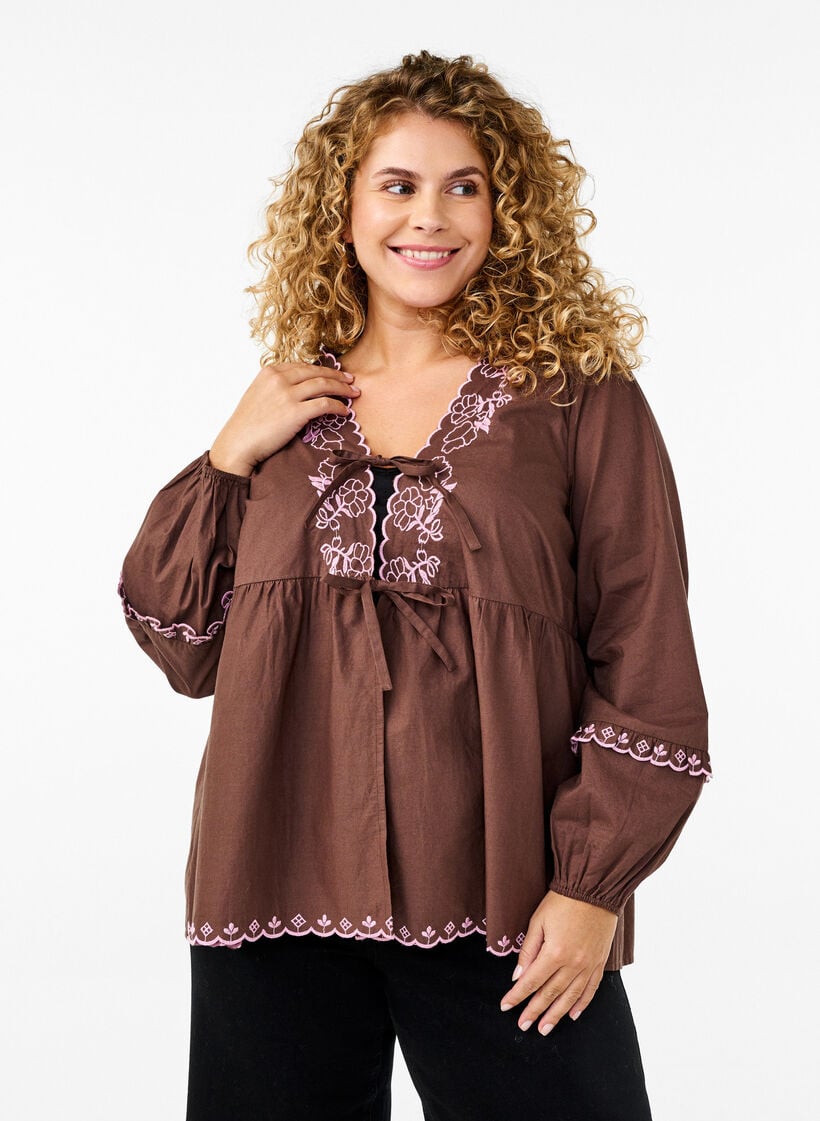 Bluse med åpen front og broderte detaljer, Brun, Model image number 0