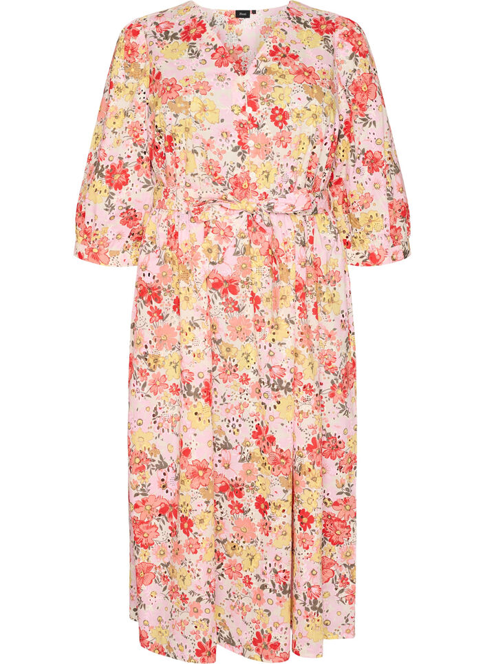 Blomstrete midiskj&oslash;rt med broderie anglaise og knytebelte, Rosa, Packshot