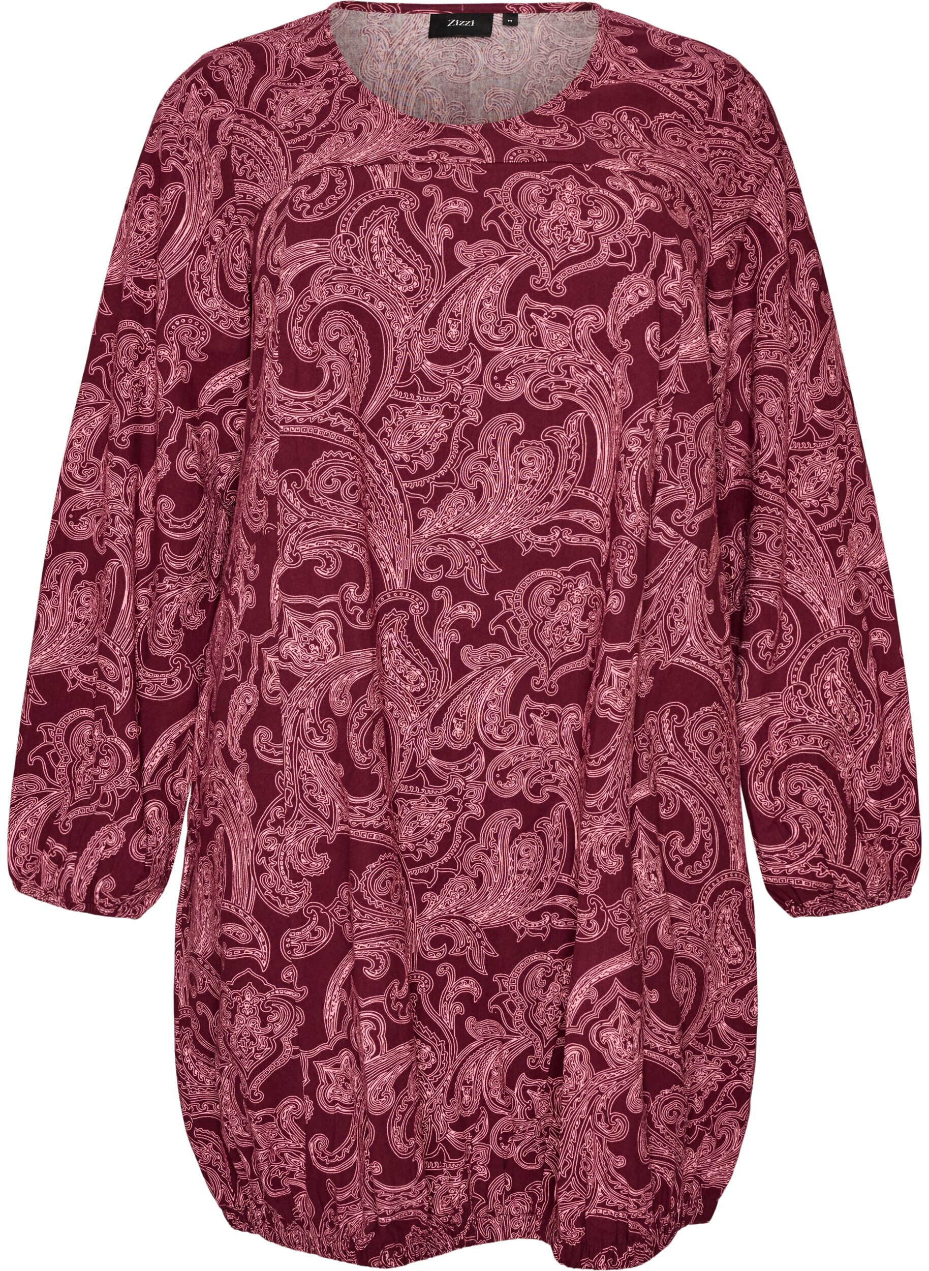 ZizziKort bomullskjole med elastisk fold og lange ermer, M&oslash;rk Bordeaux, Packshot image number 0