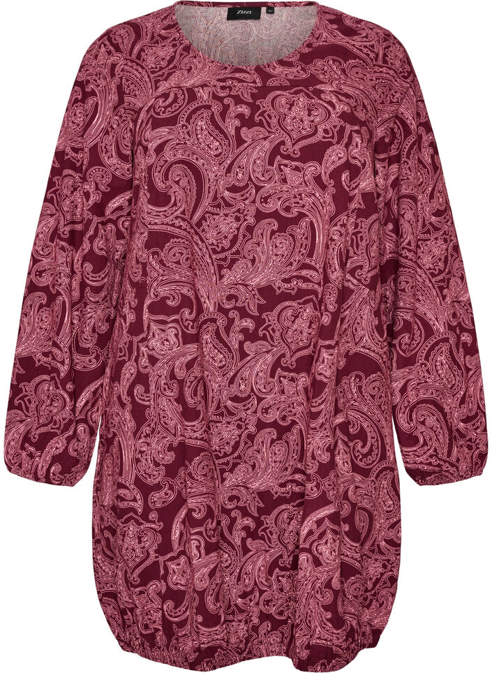 Kort bomullskjole med elastisk fold og lange ermer, M&oslash;rk Bordeaux, Packshot image number 0