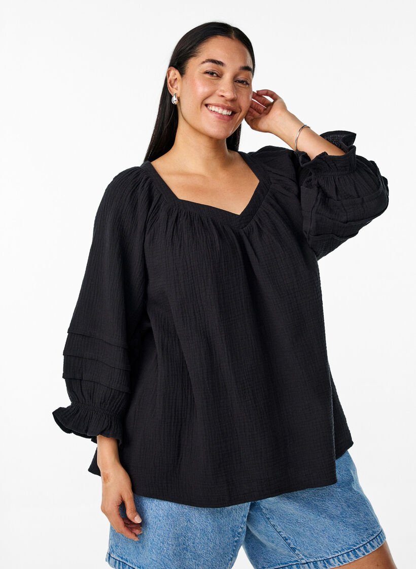 Bluse i bomullsmusselin med 3/4 ermer, Black, Model image number 0