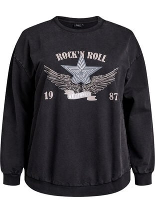 Zizzi Vasket genser med statement-trykk, Grey Acid Washed, Packshot image number 0