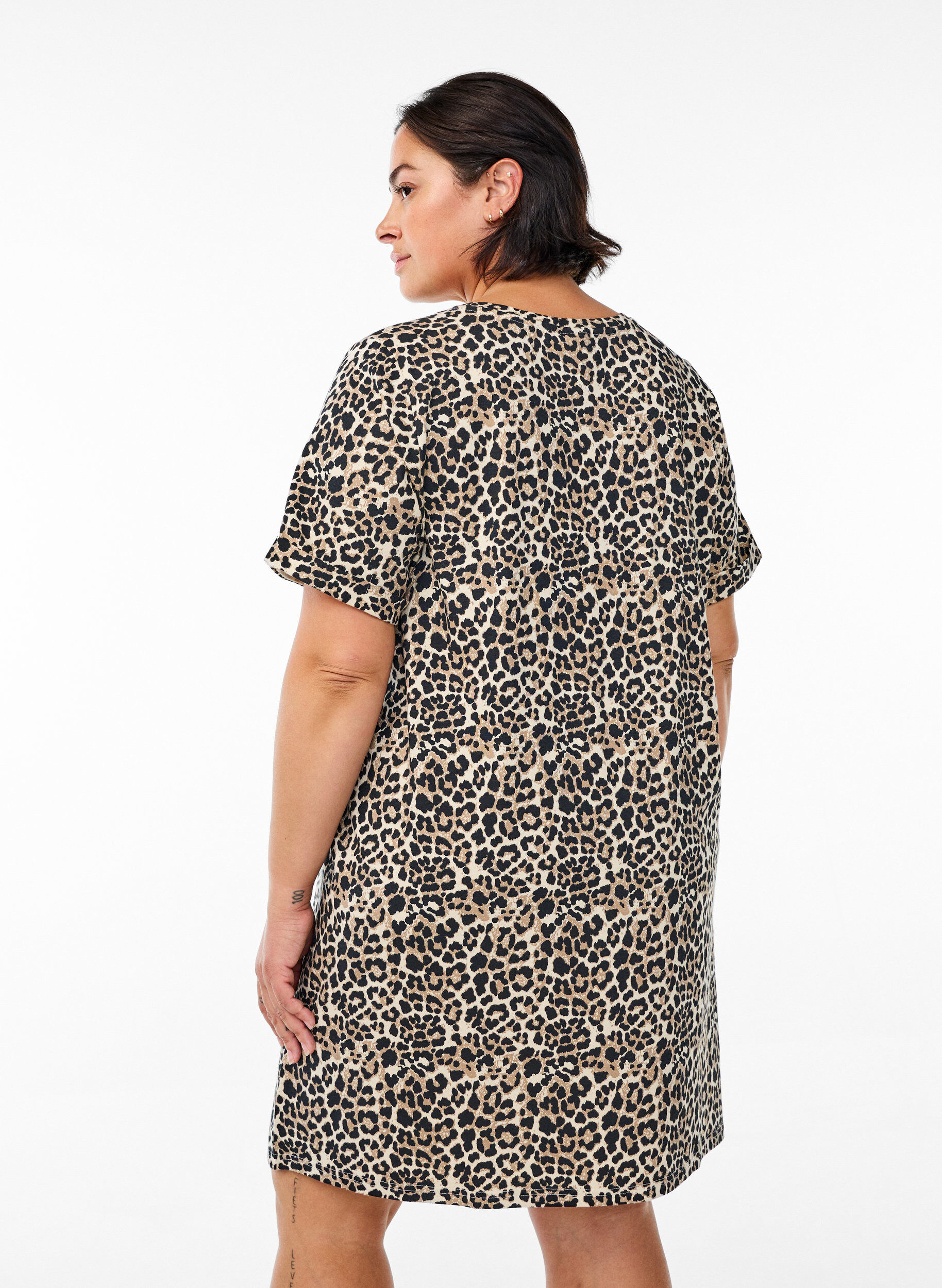 Zizzi Kort T-skjortekjole i bomullsjersey, Brun, Model image number 1