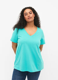 Kortermet T-skjorte med V-hals, Turquoise, Model