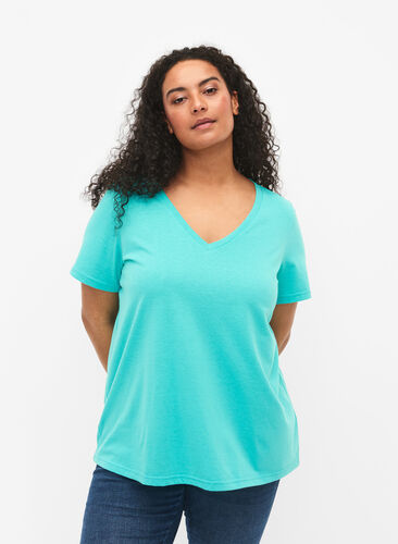 Kortermet T-skjorte med V-hals, Turquoise, Model image number 0