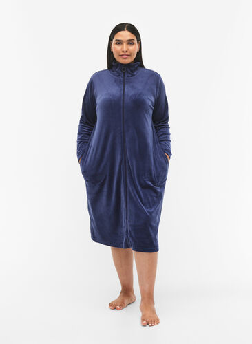 Velour morgenkåpe med glidelås, Peacoat, Model image number 3