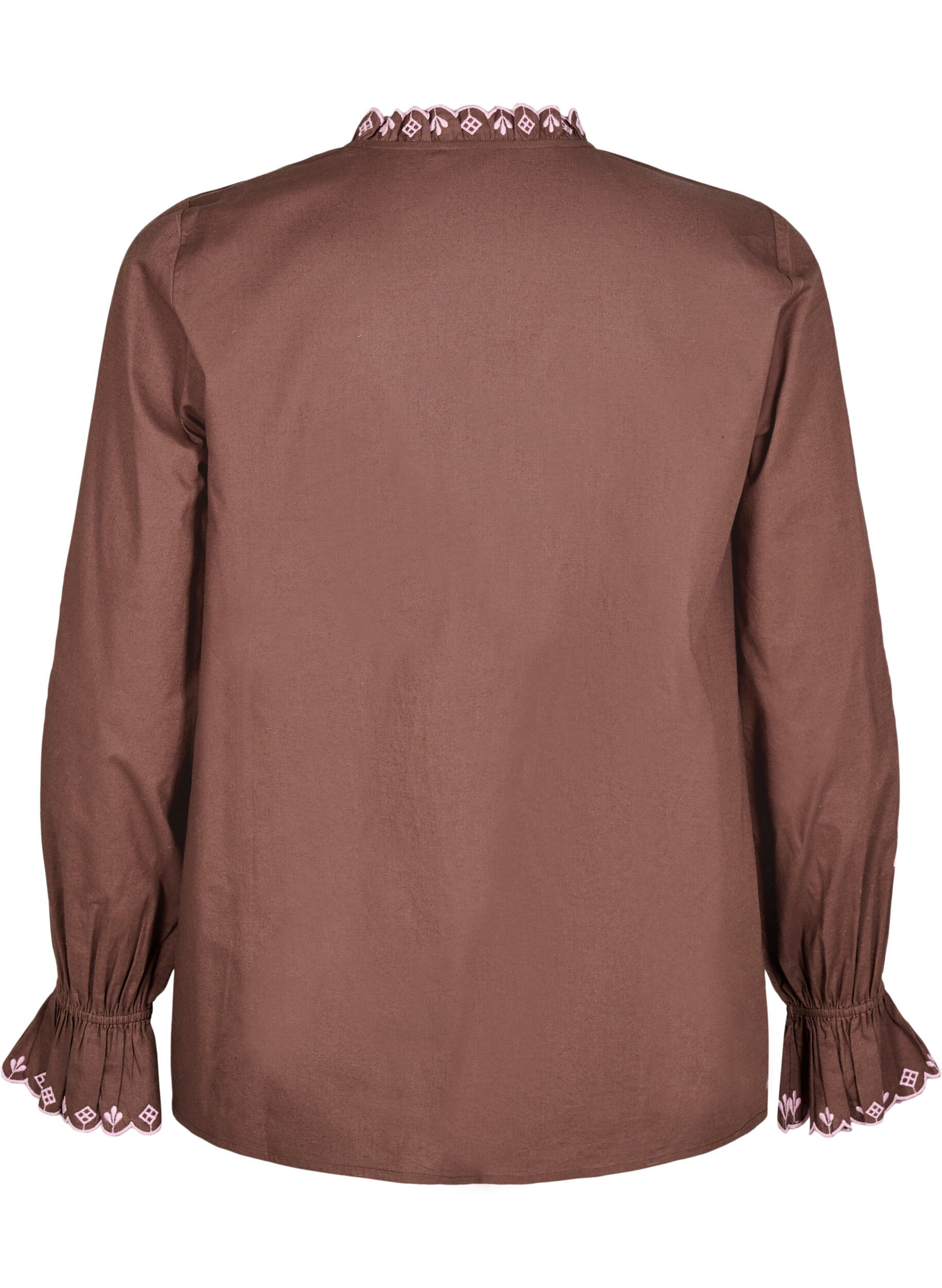 Zizzi Bluse med broderi og volangdetaljer, Brun, Packshot image number 1