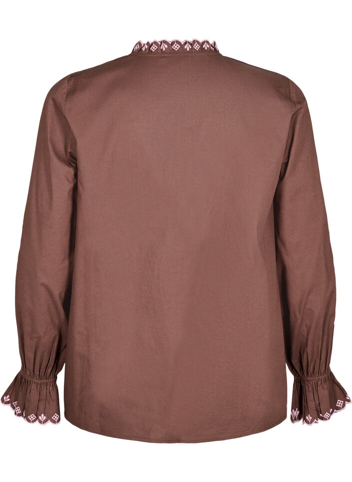 Bluse med broderi og volangdetaljer, Brun, Packshot image number 1