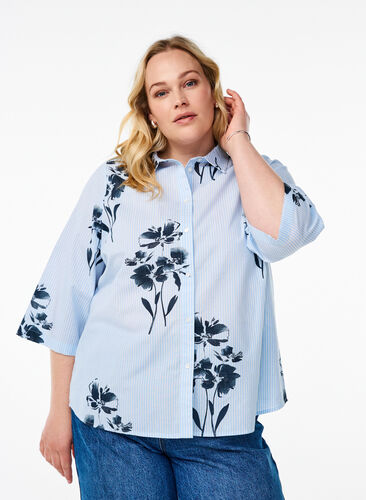 Zizzi Stripete skjorte med blomstertrykk og 3/4-ermer, Blå, Model image number 0
