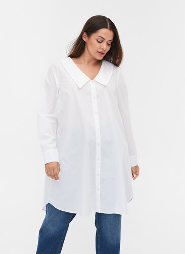Lang skjorte i bomull med stor krave, Bright White, Model image number 0