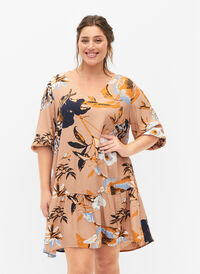 Viskose tunika med A-linje kutt, Blue Flower AOP, Model