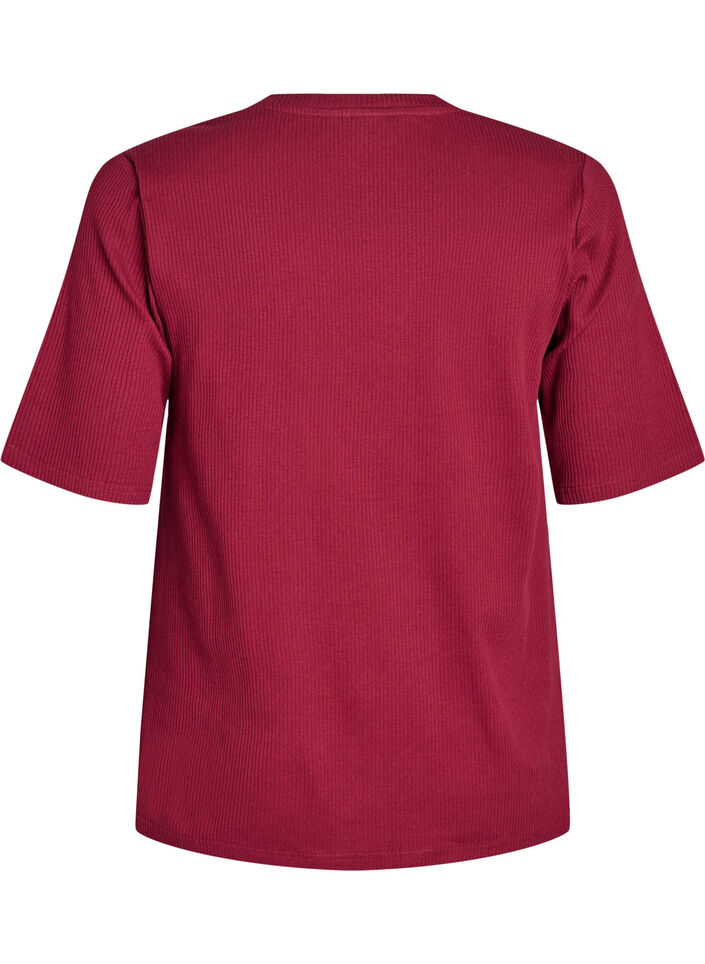 Ribbestrikket jerseybluse med korte ermer, M&oslash;rk Bordeaux, Packshot image number 1