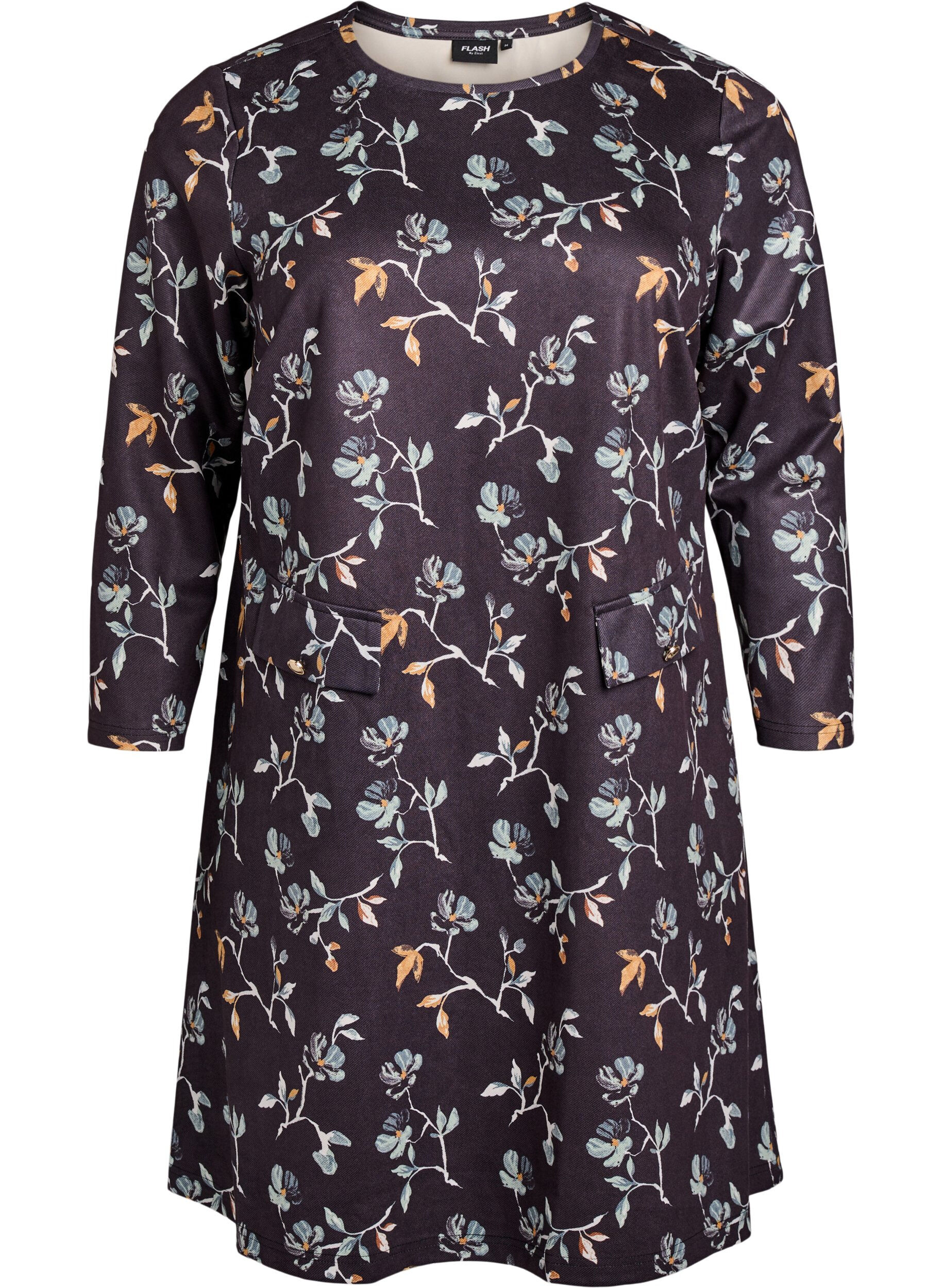 Zizzi Kort A-linjekjole med 7/8 ermer, Svart, Packshot image number 0