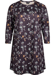 Kort A-linjekjole med 7/8 ermer, Black w. Flower