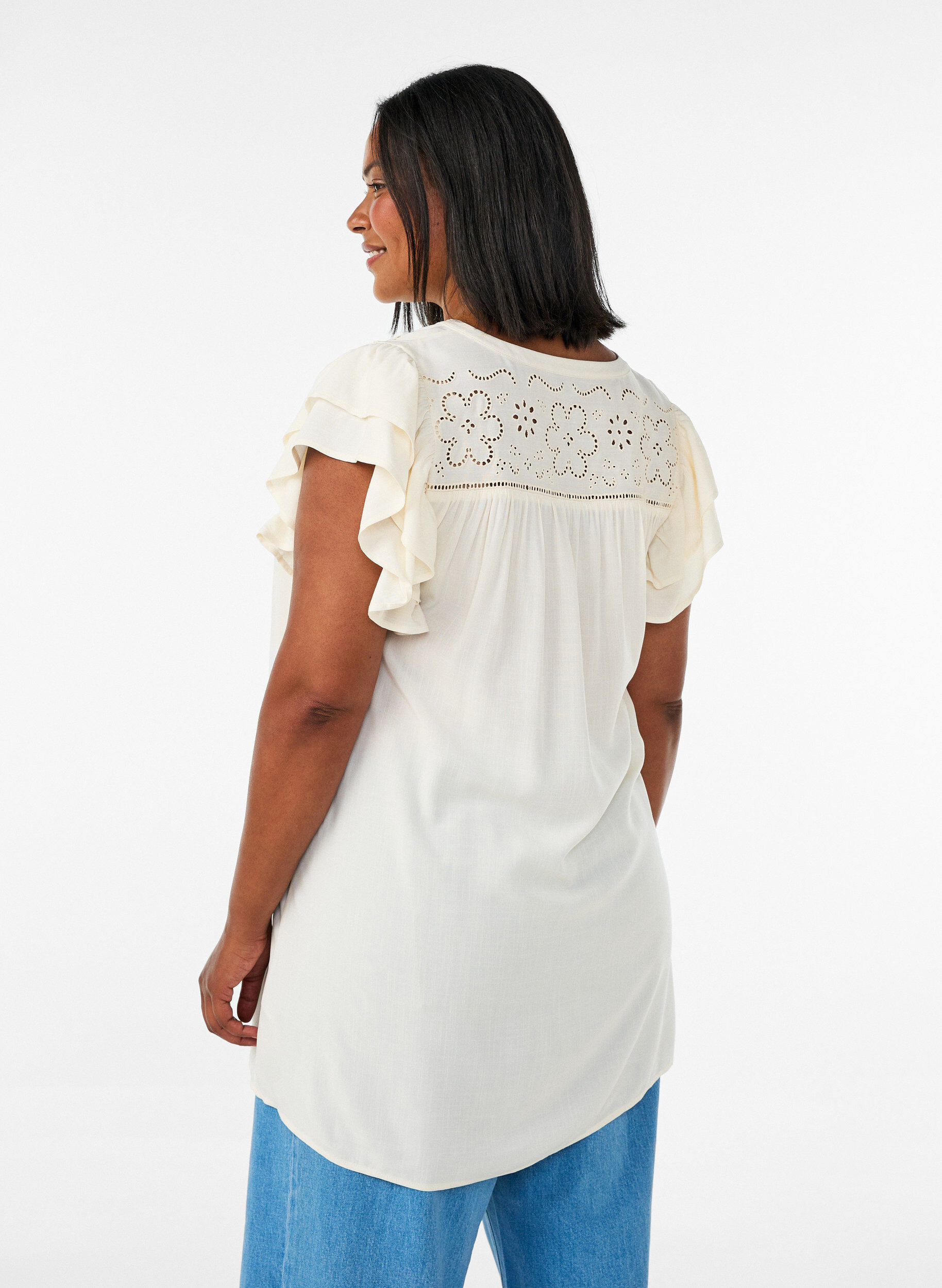 ZizziTunika med broderie anglaise og volangermer, Beige, Model image number 2