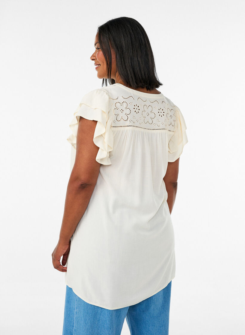 Tunika med broderie anglaise og volangermer, Beige, Model image number 2