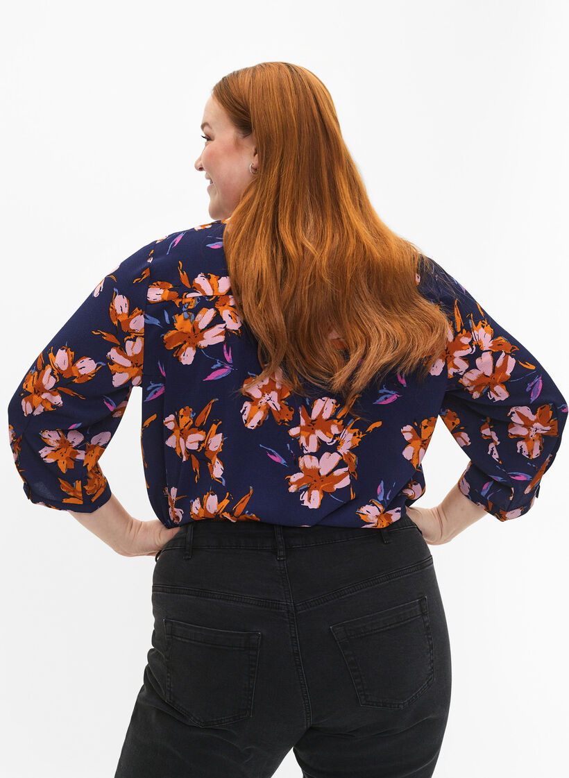 Blomstret bluse med 3/4-ermer, Peacoat Flower AOP, Model image number 1