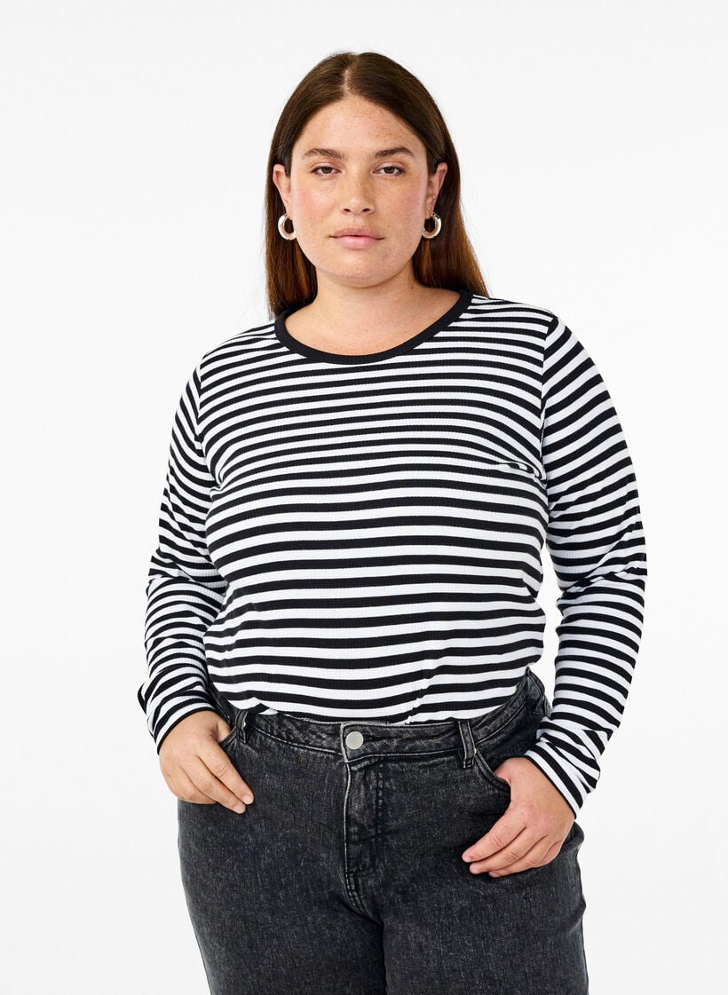 Stripete bluse med lange ermer, Svart, Model image number 0