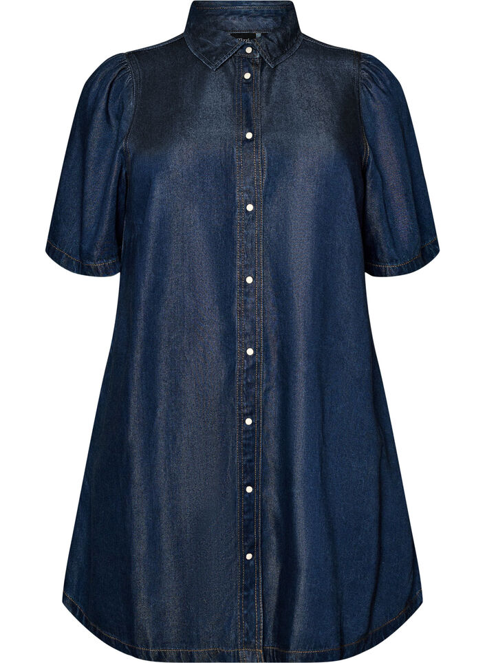 Denimkjole i lyocell med knapper og korte ermer, Bl&aring;, Packshot image number 0